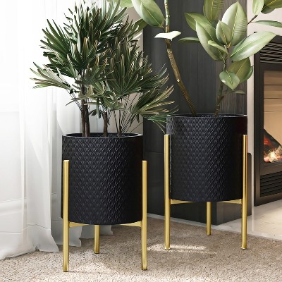 Black Diamond Pattern Metal Planter Set with Gold Stands