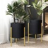 LuxenHome 2-Piece Diamond Pattern Round Metal Cachepot Planter Set, Black with Gold Stands - 2 of 4