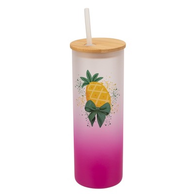 Elanze Designs 25 Ounce Frosted Glass Gradient Travel Tumbler With Straw and Wooden Lid, Pineapple Pink