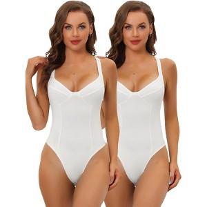 Allegra K Women's Deep V Neck Tummy Control Waist Full Body Shaper Adult Bodysuits 2 Pcs - 1 of 4