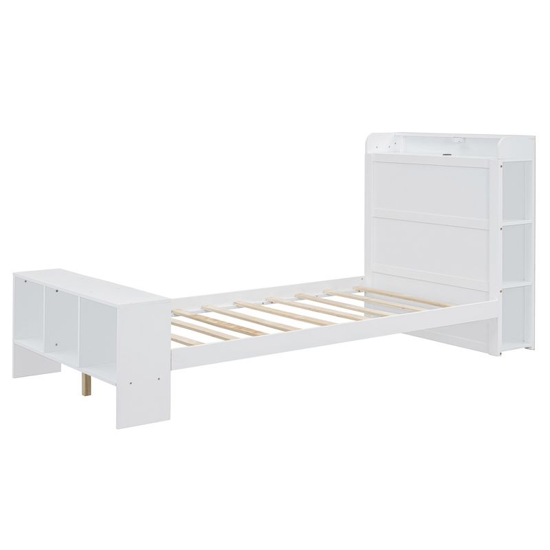 Twin/Full Size Platform Bed with Built-in Shelves, LED Light and USB Ports, White/Gray, 4A -ModernLuxe, 5 of 13