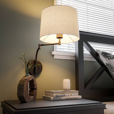 Seven Sleek Oil Rubbed Bronze Swing Arm Wall Lamp with Cream Shade