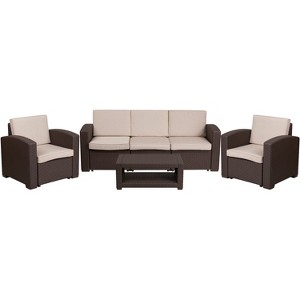 Merrick Lane 4 Piece Chocolate Brown Faux Rattan Patio Furniture Set with 2 Chairs and Sofa with Removable Beige Cushions and Table - 1 of 4