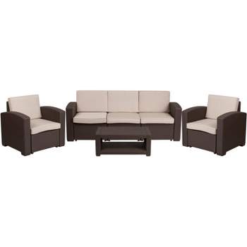 Flash Furniture 4 Piece Outdoor Faux Rattan Chair, Sofa and Table Set in Chocolate Brown
