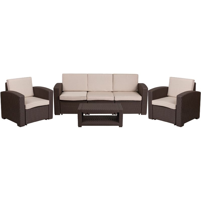 Flash Furniture 4 Piece Outdoor Faux Rattan Chair, Sofa and Table Set in Chocolate Brown, 1 of 12