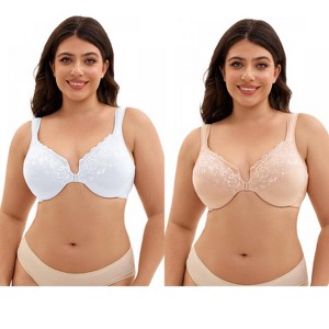 INSPIRE CHIC 2 Pcs Women's Front Closure Lace Trim Underwire Adjustable Straps Plunge Bras - 1 of 4