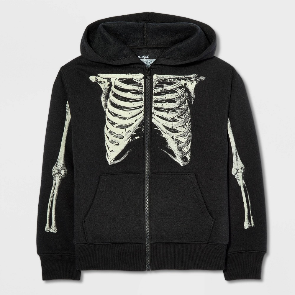 Boys' Halloween Glow in the Dark Skeleton Graphic Full Zip Fleece Hoodie Sweatshirt - Cat & Jack™ Black L