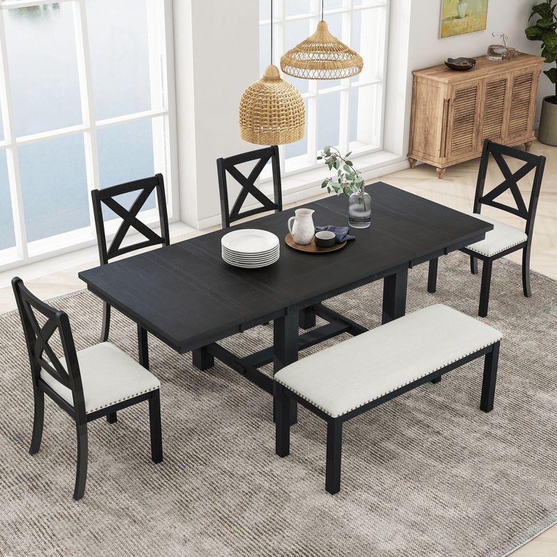 Farmhouse 6-Piece Expandable Dining Table Set with 4 Upholstered Chairs and 1 Bench - ModernLuxe, 2 of 14