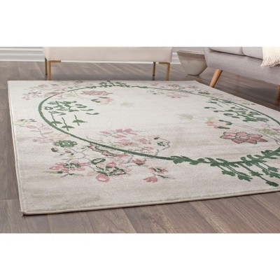 Ivory and Pink Floral Oval Transitional Area Rug 9' x 12'
