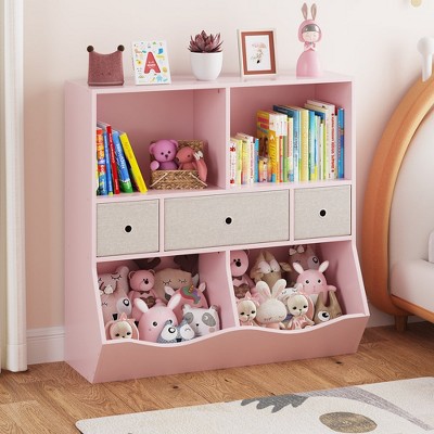 Garvee Kids Bookshelf and Bookcase Toy Storage Multi Shelf with Cubby Organizer Cabinet and Drawers for Boys Girls,Bedroom, Pink