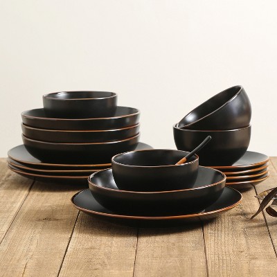 Black and White Ceramic 16-Piece Dinnerware Set with Gold Detailing