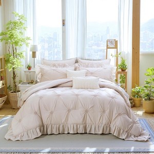 Ruffle Pintuck Comforter Set Bed in a Bag – 9-Piece Farmhouse Shabby Chic Boho Bedding with Sheets, Pillowcases & Decorative Covers - 1 of 4