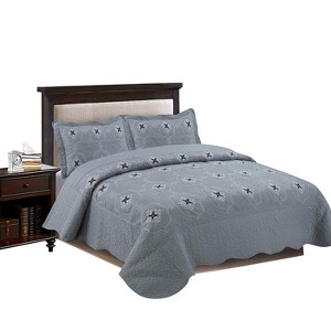 Marcielo 3 Pcs Fully Quilted Embroidery Quilt Bedspread Bed Set Emma - 1 of 4