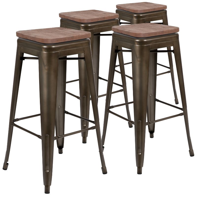 Merrick Lane Set of Four Metal Backless Wood Square Seat Bar Stools With Cross Braces, 1 of 19