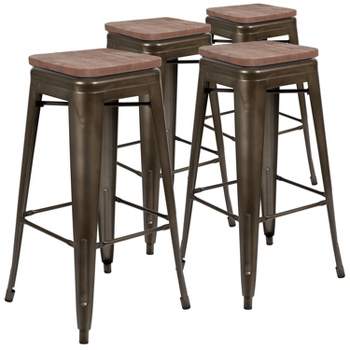Merrick Lane Set of Four Metal Backless Wood Square Seat Bar Stools With Cross Braces