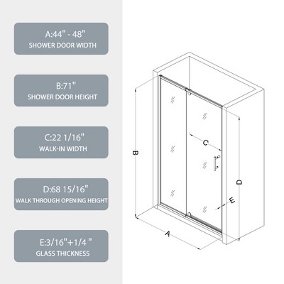 Chrome 48"x71" Pivot Swing Glass Shower Door with Tempered Glass