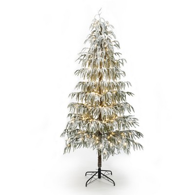 LuxenHome 7.5Ft Pre-Lit Snowy Branches Slim Artificial Cedar Christmas Tree with Metal Stand Green