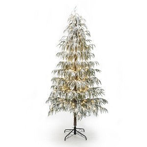 LuxenHome 7.5Ft Pre-Lit Snowy Branches Slim Artificial Cedar Christmas Tree with Metal Stand Green - 1 of 4