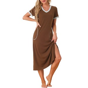 cheibear Women's V Neck Short Sleeves with Pockets Slit Long Nightgown - 1 of 4