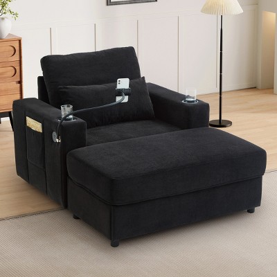 42.5" Chaise Lounge Armchair with Storage Ottoman, USB Ports, Cup Holders, Phone Holder & Side Pockets for Living Room-Baofuwish