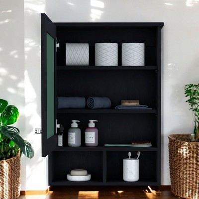 Alilang 6.60 Inch Black Wall-Mounted Medicine Cabinet with Mirror and Open Storage Shelves - Black