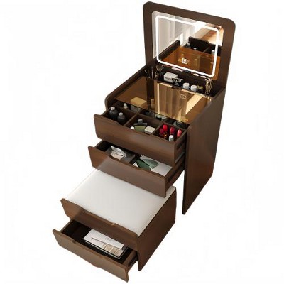(60cm)(Walnut) 3 in 1 Vanity Desk with Plip Top Mirror,Small Make Up Vanity Set with Visible Glass Desktop