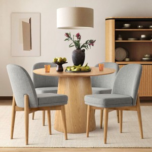 5-Piece Round Dining Table Set, 42'' Oak Pedestal Table with 4 Linen Dining Chairs, Solid Wood Legs, Kitchen or Apartment Furniture-Maison Boucle - 1 of 4