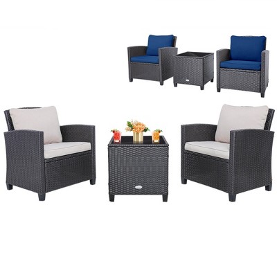Tangkula 3PCS Outdoor Patio Rattan Conversation Set w/ Beige & Navy Cushion