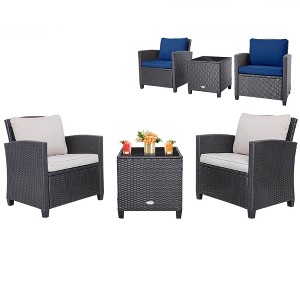 Tangkula 3PCS Outdoor Patio Rattan Conversation Set w/ Beige & Navy Cushion - 1 of 4