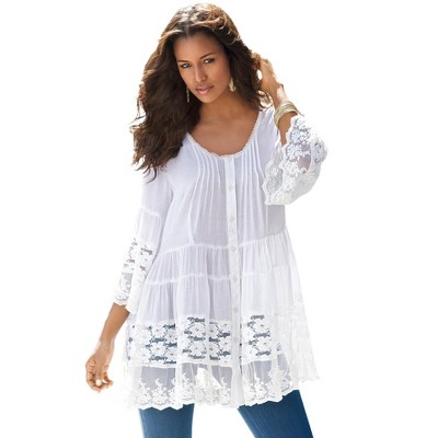 Roaman's Women's Plus Size Illusion Lace Big Shirt, 22 W - White