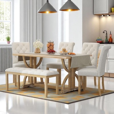6-Piece Retro Rectangular Dining Table Set with Unique Legs, 4 Upholstered Chairs & 1 Bench, Rustic Farmhouse Design for Dining Room and Kitchen
