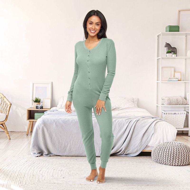 Women's  Soft Ribbed Waffle Rib Knit Pajamas, Onesie, Jumpsuit, Romper for Adult, 3 of 8
