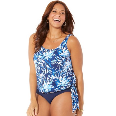 Swimsuits For All Women's Plus Size Loop Strap Blouson Tankini Top 26 Happy  Turq 