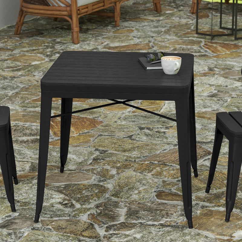 Merrick Lane 31.5" Square Indoor/Outdoor Black Steel Patio Dining Table for 4 with Black Poly Resin Slatted Top, 3 of 8