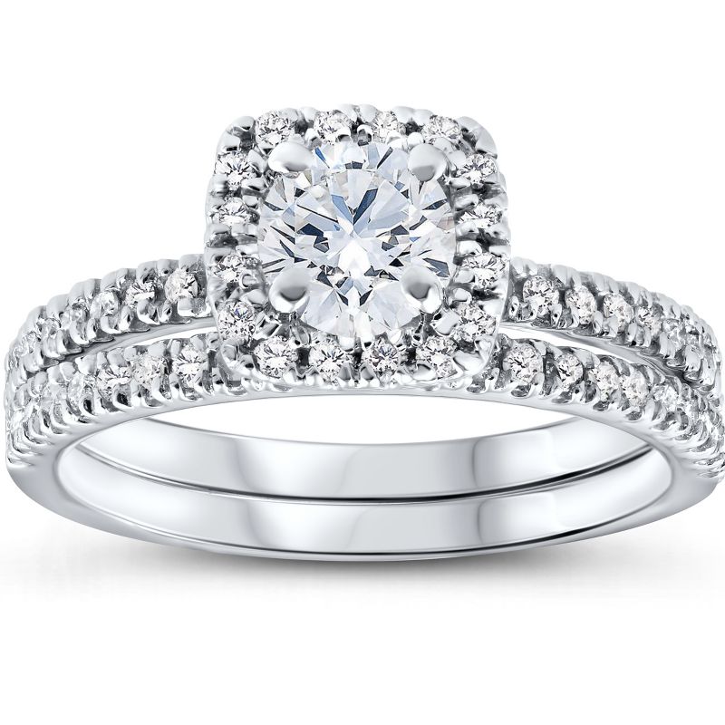 Pompeii3 5/8 Ct Lab Created Diamond Cushion Halo Engagement Wedding Ring Set White Gold EX3, 1 of 5