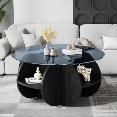 Dolonm 2-Tier Round Coffee table with Glass Top,31.5" Round Coffee Tables for Small Spaces,Wooden Frame with storage  for Living Room