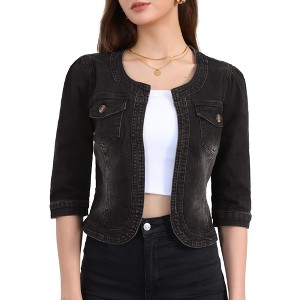 INSPIRE CHIC Women's Collarless Pockets 3/4 Sleeve Denim Jackets - 1 of 4