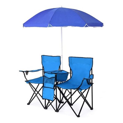 Swtroom Outdoor Foldable Portable Picnic Double Chair, Camping Chair with Umbrella Folding Beach Chair with Insulation Bag Backpacking Blue