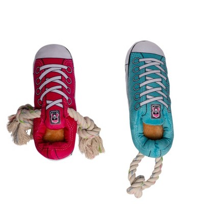 American Pet Supplies Squeaking Comfort Plush Sneaker Dog Toy – Rope, Squeaker & Treat Compartment, Safe & Durable – Pink & Blue