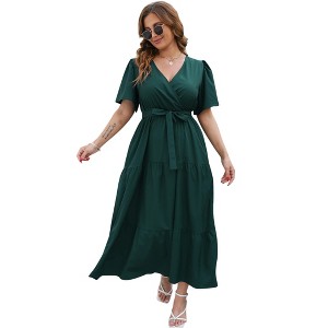 Garvee Women Plus Size V Neck Wrap Maxi Dress High Waist Ruffle Summer Casual Dress with Belt Short Sleeve - 1 of 4