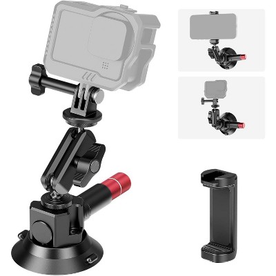 Boersma 3" Suction Cup Camera Mount Bracket with Ball Head Magic Arm, 1/4" ARRI Holes, Quick Release Car Mount with Phone Holder & Action Cam Adapter