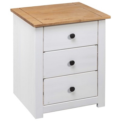 White and Light Brown Pinewood 3-Drawer Bedside Cabinet