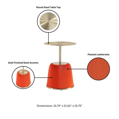 Orange Pleated Leatherette and Gold Metal Round Accent Table Set