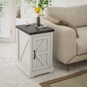 CIPACHO Farmhouse End Table with Storage, Side Table with Charging Station and USB Ports for Living Room, Distressed White - 1 of 4