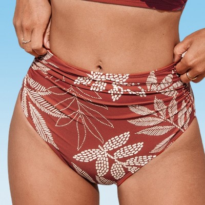 Women's Terracotta Tropical Leaf Print High-Rise Bikini Bottoms - Cupshe