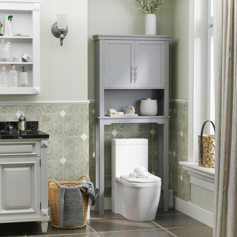 kleankin Modern Over The Toilet Storage Cabinet, Double Door Bathroom Organizer with Inner Adjustable Shelf and Open Shelf, Gray, 2 of 7
