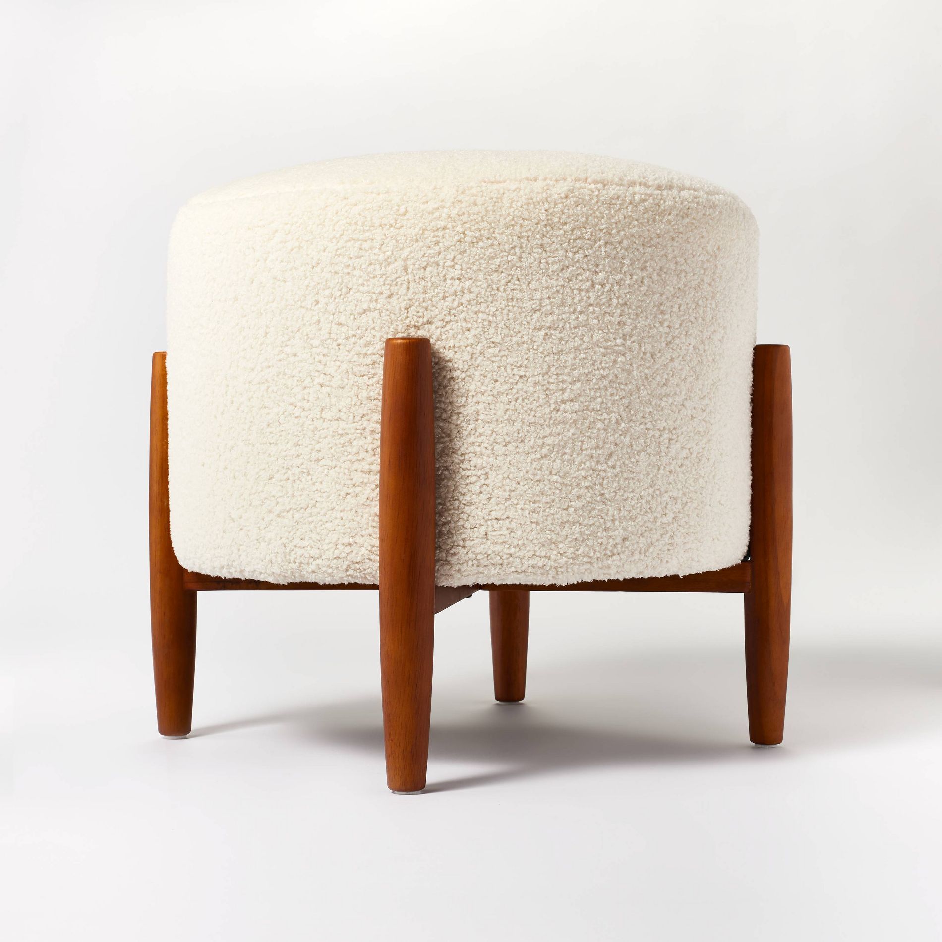 Elroy Faux Shearling Round Ottoman with Wood Legs Cream - Threshold™ designed with Studio McGee: Upholstered Footstool