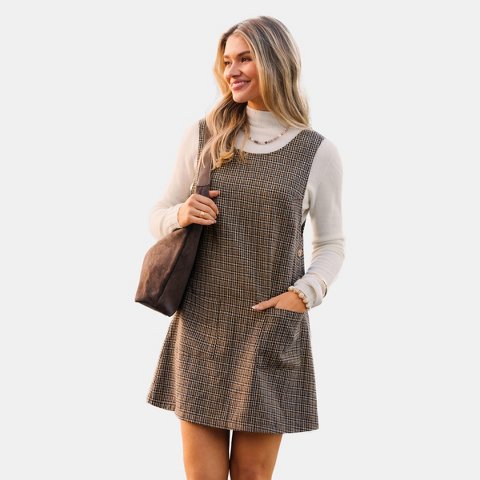 Женские платья Cupshe Women's Chic Plaid Sleeveless Pinafore Mini Dress-M-Brown