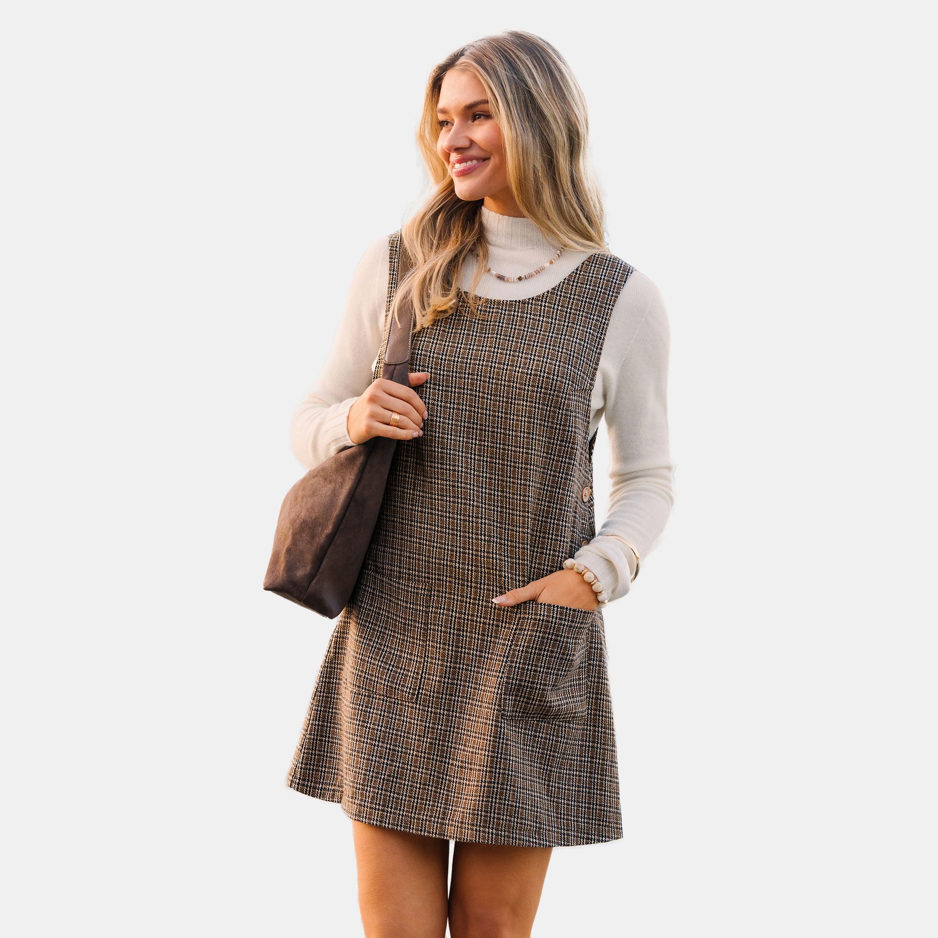 Women's Brown Chic Plaid Pinafore Dress - Cupshe