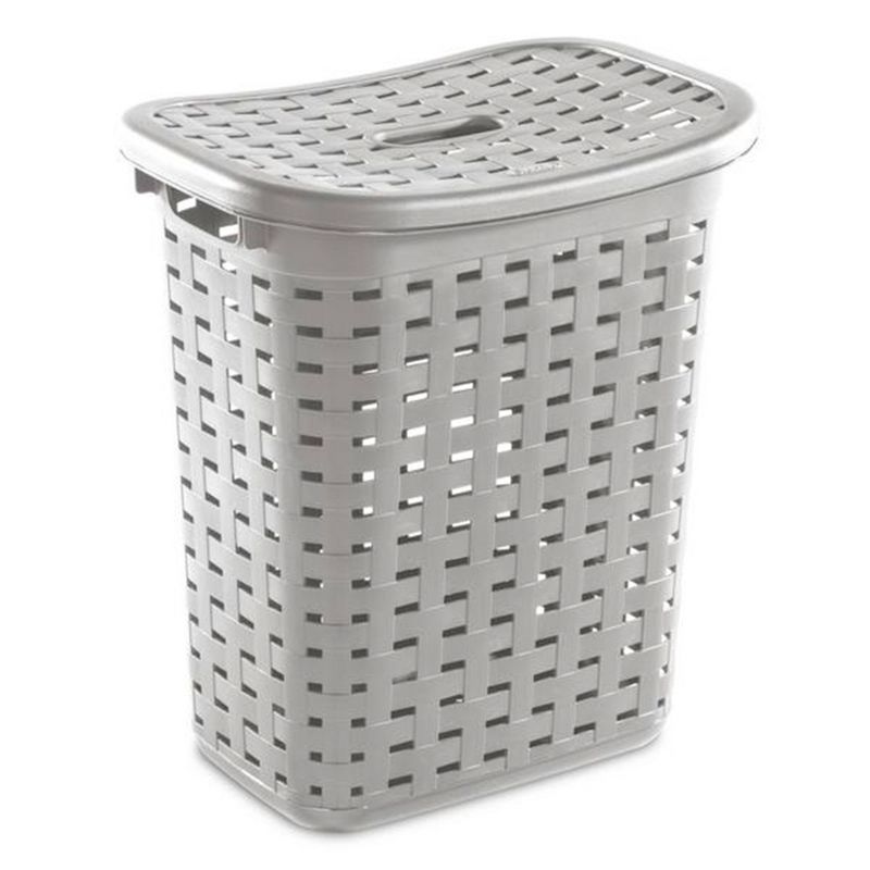 Sterilite Plastic Wicker Style Weave Laundry Hamper, Portable Slim Clothes Storage Basket Bin with Lid and Handles, Cement Gray, 8-Pack, 2 of 7